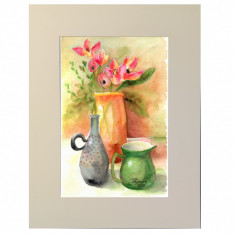 E29. Tablou - Natura statica cu vase si flori, acuarela, Passpartout, 30 x 40 cm