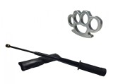 Set Autoaparare: Baston Telescopic Flexibil Negru Tonfa 47cm, Box Argintiu 0.5cm, Otel, Husa Curea