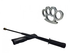 Set baston telescopic flexibil negru maner tip tonfa 47 cm si box argintiu 0,5 cm grosime