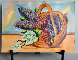 Cos cu flori de liliac - tablou original acrilic pe carton 48x35cm, anii 70, Realism
