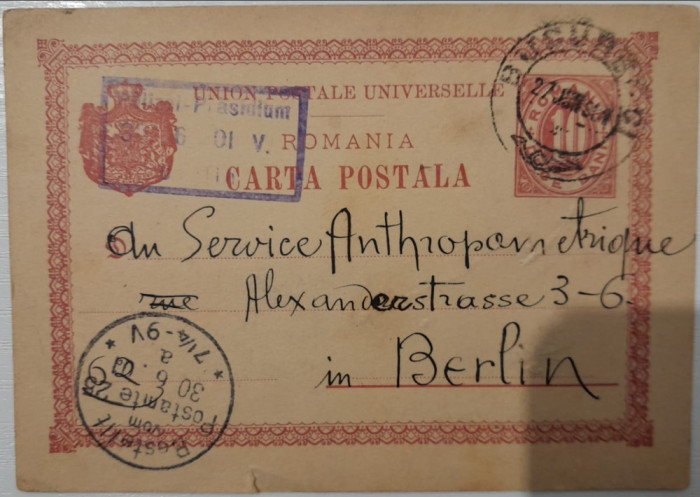 1901 CP semnata olograf Mina Minovici catre Service Antropohometrique Berlin