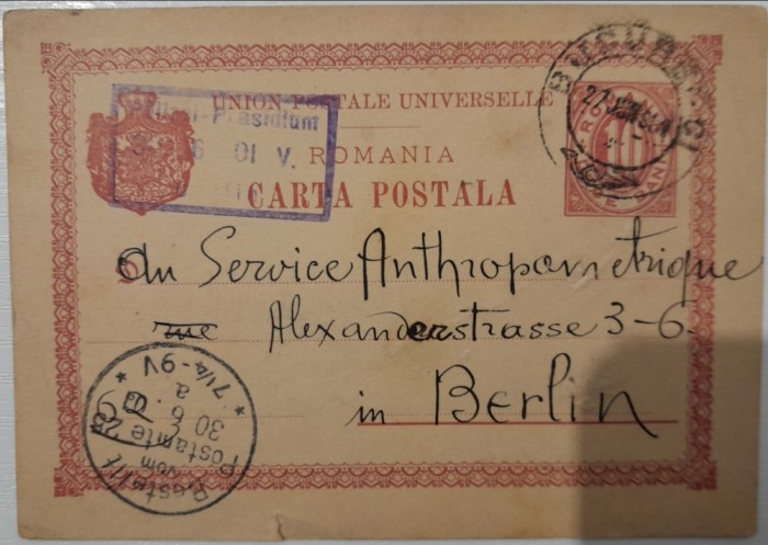 1901 CP semnata olograf Mina Minovici catre Service Antrophometrique Berlin