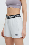EA7 Emporio Armani pantaloni scurti femei, culoarea gri, cu imprimeu, high waist