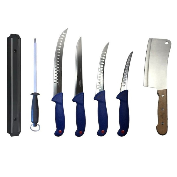 Set 4 cutite profesionale de macelarie, filetat, injunghiat, transat, dezosat, otel carbon, satar, suport magnetic, masat pentru ascutit