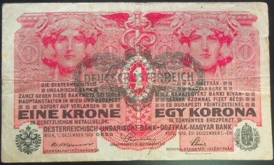 Bancnota ISTORICA 1 COROANA - AUSTRO-UNGARIA (AUSTRIA), anul 1916 *cod 375 C foto