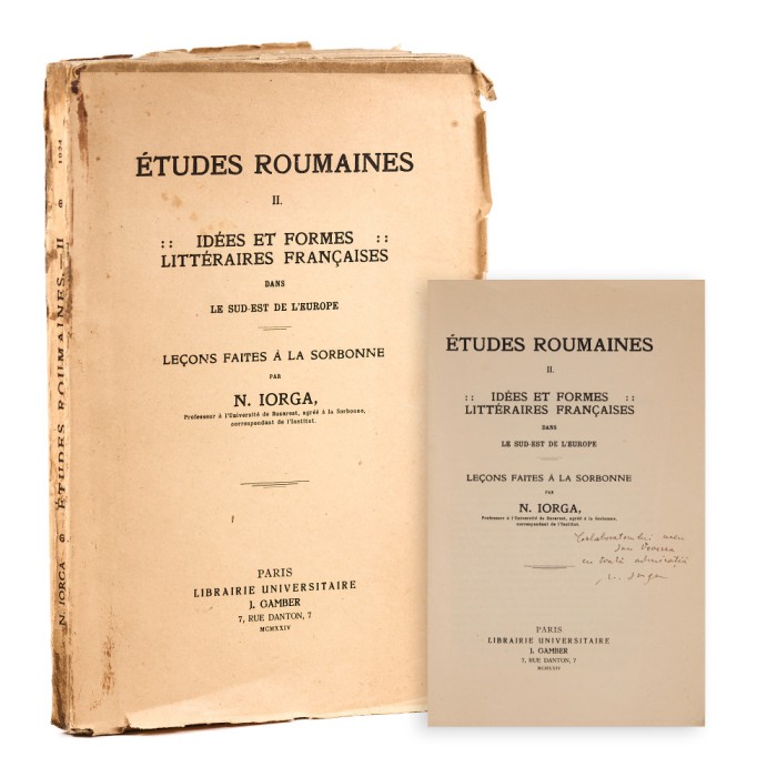 N. Iorga, Id&eacute;es et formes litt&eacute;raires fran&ccedil;aises, 1924, cu dedicație pentru Ion Veverca