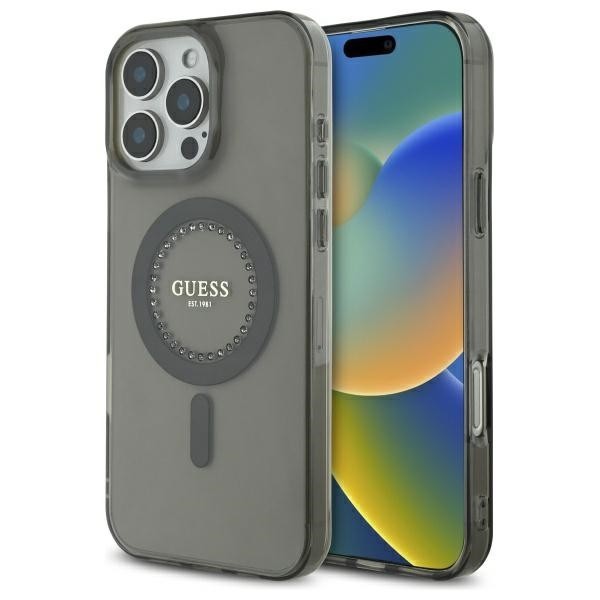 Husa iPhone 16 Pro Max originala Guess IML Rhinestones MagSafe, negru, GUHMP16XPFTDTEK