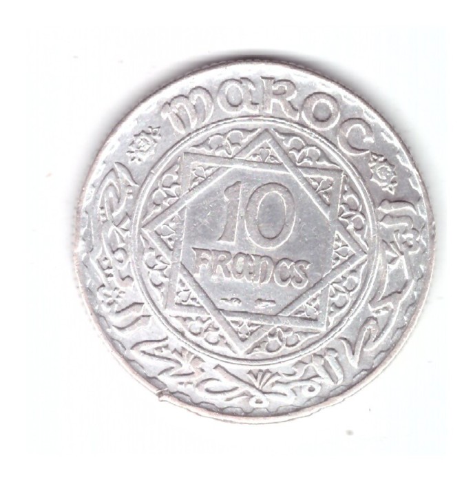 Moneda Maroc 10 francs/franci 1934, stare buna, curata