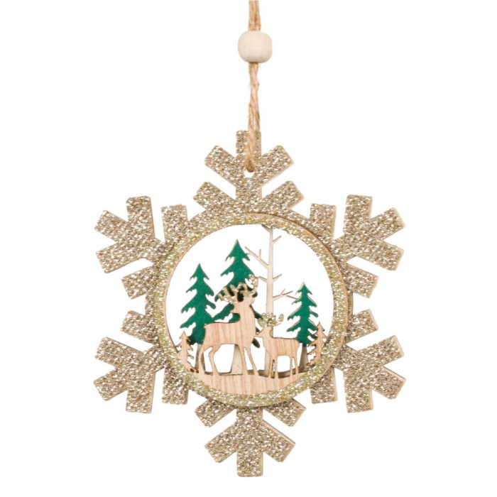 Ornament Brad Crăciun, Model Fulg de Zăpadă, Lemn, Glitter Bej, 10cm