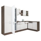 Mobilier de bucătărie de colț Yorki 340, cu corp din stejar Yorki, fațade albe cu finisaj satinat, cu dulap cu rafturi și frigider cu congelator &icirc;n pa