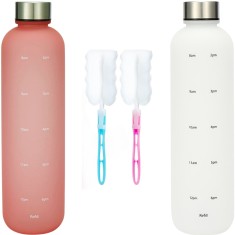 Set de 2 sticle de apa de 1 litru, cu perii de curatare incluse, cu marcaje motivationale, ideale pentru sport, birou, acasa, calatorii, roz somon si