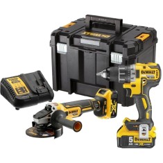 Set 2 scule profesionale pe acumulator DeWALT DCK2020P2T, 18V, motor fara perii, include: masina de gaurit DCD791, polizor unghiular DCG405 si 2x acum