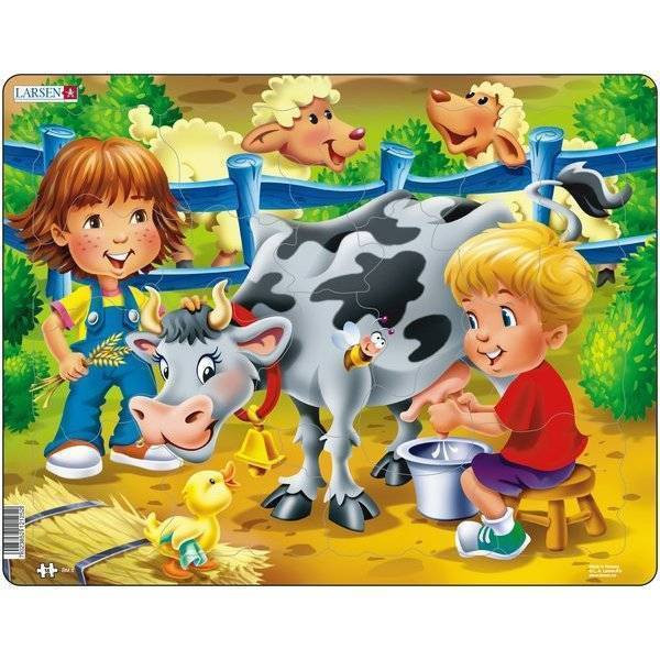 Puzzle Copiii la Ferma cu Vaca, 18 Piese Larsen LRBM5