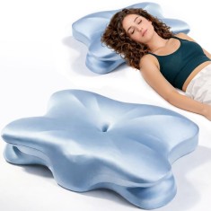 Pernă ortopedică ergonomică tip fluture Linomag&reg;, Spuma cu memorie, husă satinată detașabilă cu fermoar, Suport pentru cap, g&acirc;t și umeri, Delicată cu