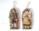 Lot 2 globuri vechi de ceara / ornamet pentru pomul de Craciun, vintage, Germania, decor sarbatori de iarna, cu barbat si femeie in costum national