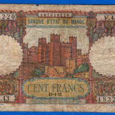 (1) BANCNOTA MAROC - 100 FRANCS 1951 (19.04), ADMINISTRATIE FRANCEZA, MAI RARA