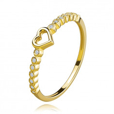 Inel din aur galben de 9K - contur inimă, flori de zircon transparent - Marime inel: 49