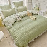 Cumpara ieftin Lenjerie pat dublu creponata cu banda alba,bumbac finet,6 piese,verde-A874, Jojo Home