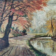 Drumul prin pădure - peisaj, pictură veche în ulei