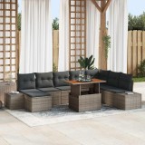 Set de dining pentru grădină cu 9 piese, cu perne, gri, plasă de răchită, acacia