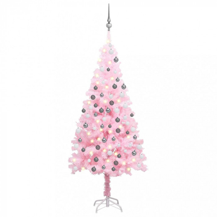 vidaXL Brad Crăciun pre-iluminat cu set globuri, roz, 180 cm, PVC