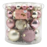 Set Globuri de Craciun Roz Auriu Mate Stralucitoare Glitter 4-6-8-10cm &amp; Beteala - 55buc