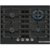 Plita incorporabila Bosch PNH6B6K40, Gaz, 4 arazatoare, Gratar fonta, Arazator Wok, 60 cm, Sticla neagra