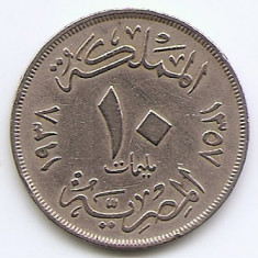 Egipt 10 Milliemes 1938 - Farouk, Cupru-nichel, 23 mm KM-364 (2)