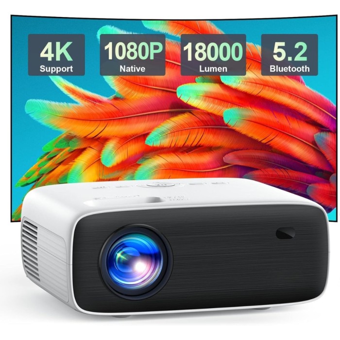 Videoproiector 1080P Full HD, Bluetooth 5.2, 18000 Lumeni, Suporta 4K, LED LCD, HDMI, AV, USB, Audio, MicroSD, Difuzoare Duble, Portabil, Telecomanda,