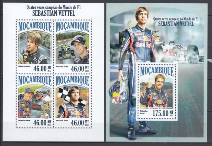 Mozambic 2013 - MASINI RALIURI F1 - SEBASTIAN VETTEL - BL+KB - MNH