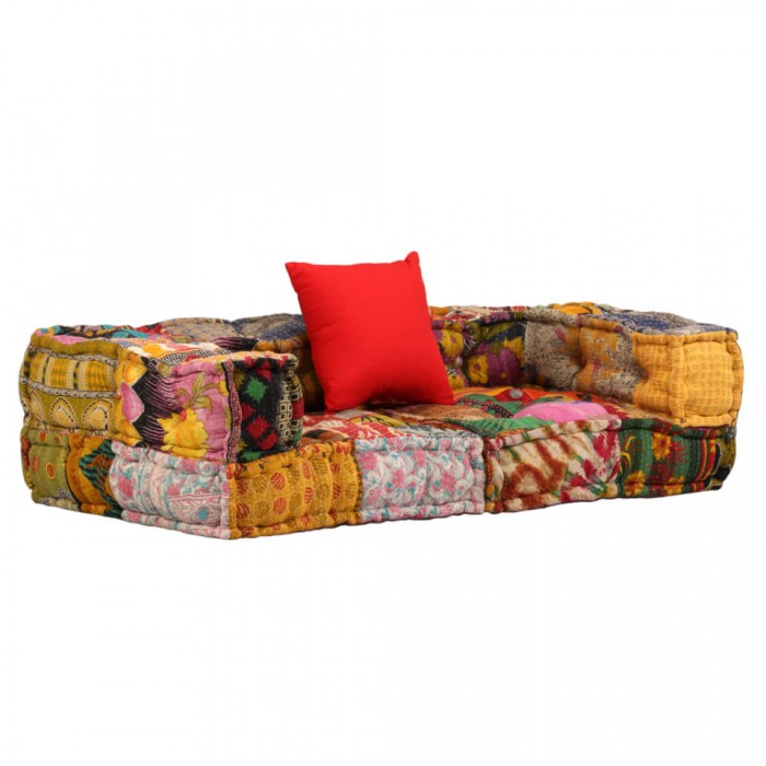 Canapea modulară cu 2 locuri, brațe, material textil, patchwork