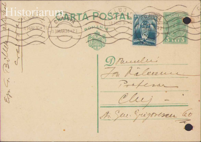 HST CP199 Carte poștală arhitect Billek Craiova olografă 1936