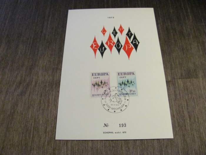 EUROPA CEPT 2 Timbre Obliterate cu Ștampilă Specială Mechelen , Ediție Limitată Filatelic Belgia 1972