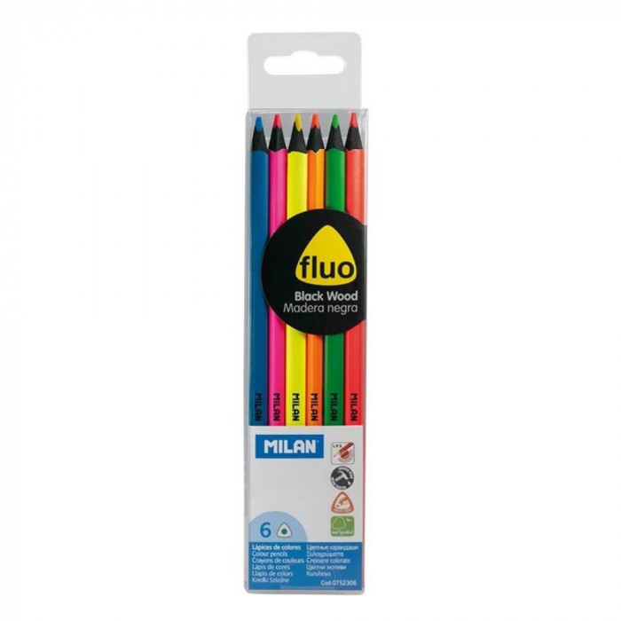 Set 6 Creioane Color MILAN Fluo, 6 Culori, Corp Hexagonal din Lemn Negru, Creioane Hexagonale Colorate, Creioane Colorate Fluorescente, Creioane MILAN