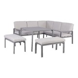 Cumpara ieftin Set Masa Gradina GoodHome Aeroom Moorea, 8 Locuri, Gri Otel, Aluminiu, Rezistent la Intemperii, Canapea Colt, 2 Banci