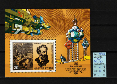 Ungaria, 1978 | Jules Verne - 150 ani de la naştere - Cosmos | Coliţă MNH | aph foto
