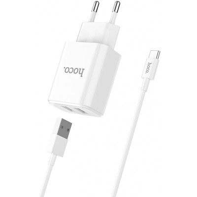 Incarcator Retea cu cablu USB Tip-C HOCO C62A VICTORIA, 2 X USB, Alb foto