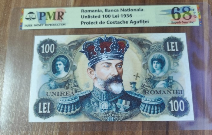 REPRODUCERE pe hartie cu filigran si fire UV proiect bancnota 100 Lei 1936 nr.159