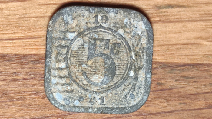 Olanda ocupatie germana WW2 - moneda de colectie zinc - 5 cents 1941 - patrata!