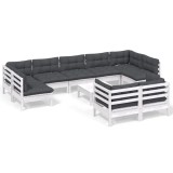 Set mobilier gradina cu perne, 10 piese, alb, lemn masiv pin
