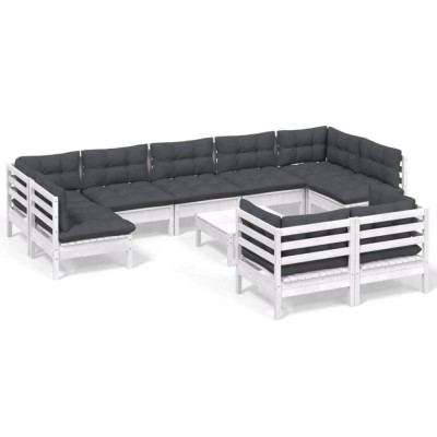 Set mobilier gradina cu perne, 10 piese, alb, lemn masiv pin foto