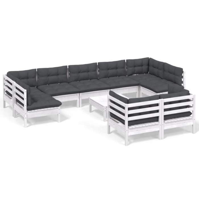 Set mobilier gradina cu perne, 10 piese, alb, lemn masiv pin