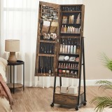SONGMICS Oglinda de podea cu suport mobil pe roti, spatiu de depozitare, 42x37x153 cm, maro rustic Household NewTrend