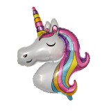 Balon din folie metalizata, flippy, mini figurine, model unicorn, tematica aniversare, 115x76 cm, ambalaj individual, pai inclus, umflare cu aer sau h