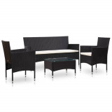 Set mobilier de grădină cu perne, 4 piese, negru, poliratan, vidaXL