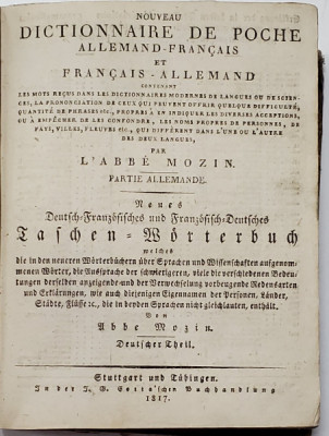 DICTIONAR DE BUZUNAR GERMAN-FRANCEZ par L&amp;#039;ABBE MOZIN - STUTTGART, 1817 foto