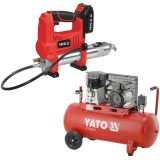 Yato YT-07020 + YT-23310 - Masina de gresat cu 1 acumulator Li-Ion 18 V 3 Ah 620 bar + Compresor cu ulei 2200 W 100 l 360 l/min 10 bar