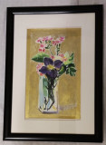 E41. Tablou - Flori fond auriu, 2021, acuarela, rama si Passpartout, 20 x 28 cm