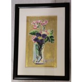 E41. Tablou - Flori fond auriu, 2021, acuarela, rama si Passpartout, 20 x 28 cm