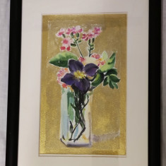 E41. Tablou - Flori fond auriu, 2021, acuarela, rama si Passpartout, 20 x 28 cm